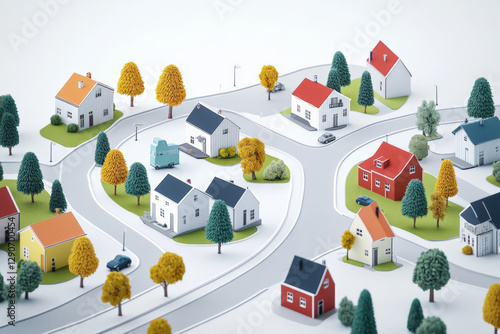 An illustration of a small town in a 3D orthographic style