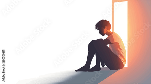 The image is a minimalist illustration depicting the silhouette of a person sitting with knees drawn up, positioned in a doorway.  The figure is predominantly in shadow, while a bright