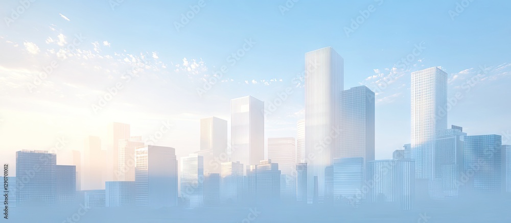 Modern skyscrapers rising into a blue sky with soft clouds illuminated by sunlight, showcasing a business district from a low angle perspective. Modern skyscrapers rising into a blue sky with soft clouds illuminated by sunlight, showcasing a business district from a low angle perspective.
