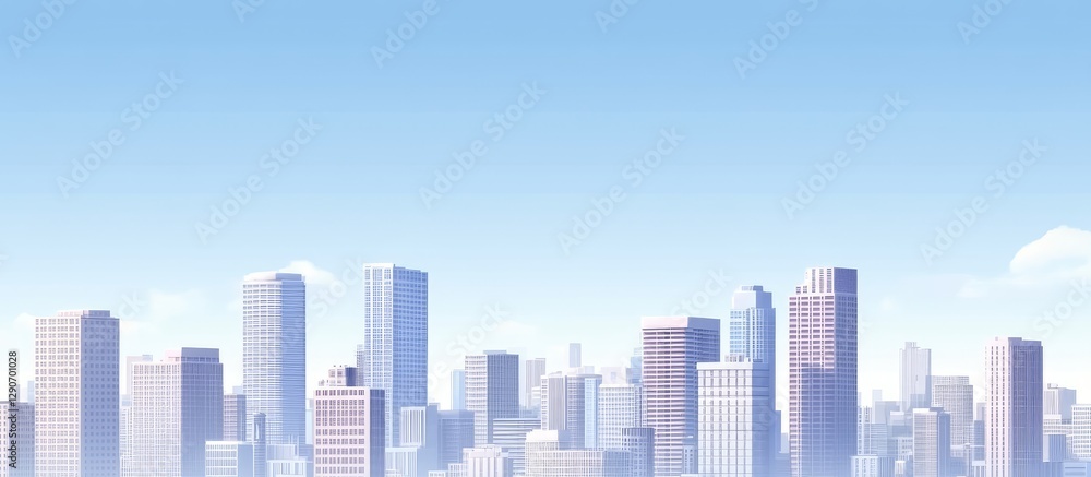 Perspective view of modern skyscrapers in a business district featuring steel and glass facades under a clear blue sky with cloud accents. Perspective view of modern skyscrapers in a business district featuring steel and glass facades under a clear blue sky with cloud accents.