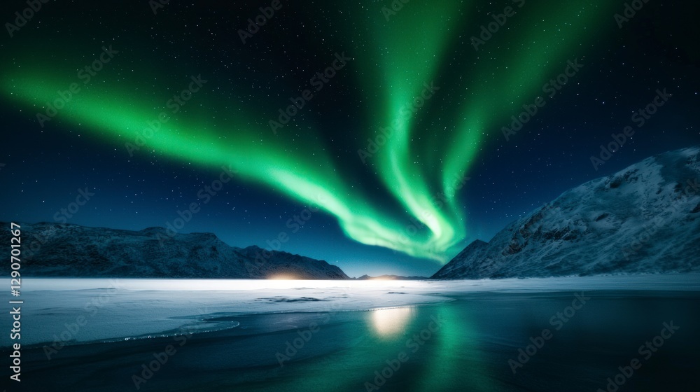 Magical Aurora Borealis over Frozen Lake and Mountains Magical Aurora Borealis over Frozen Lake and Mountains