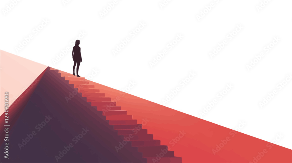 The image is a minimalist vector illustration featuring a dark silhouette of a person standing at the top of a long, red staircase that ascends diagonally towards a bright white background. The image is a minimalist vector illustration featuring a dark silhouette of a person standing at the top of a long, red staircase that ascends diagonally towards a bright white background.