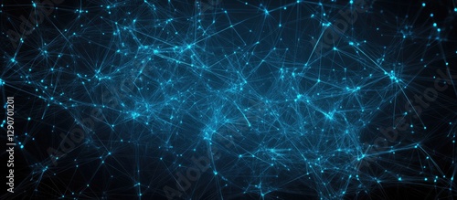 Abstract dark background with connected blue dots and lines creating a network pattern, centered composition showcasing glowing blue elements.