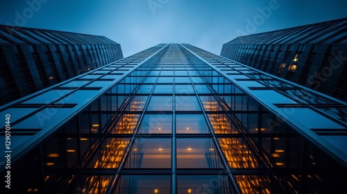Wallpaper Mural Skyscraper, a glass and concrete building, architectural photography, architectural style, modern architecture, office buildings, evening sky, low-angle view Torontodigital.ca