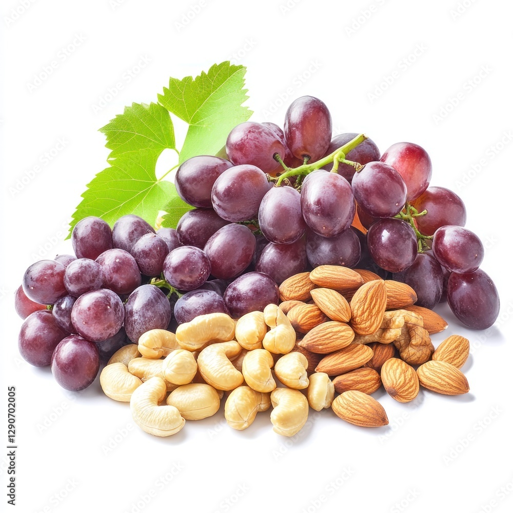 Obraz premium Red Grapes, Almonds, and Cashews on White Background