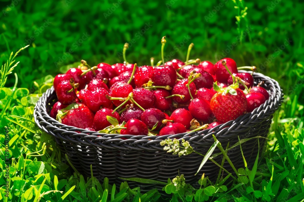 Bowl of fresh red strawberries and cherries on a wooden surface Bowl of fresh red strawberries and cherries on a wooden surface