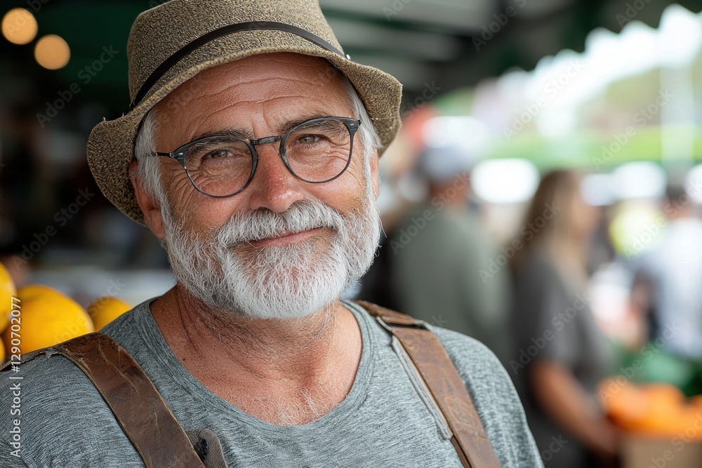 Happy senior man with glasses and hat at farmer's market. Happy senior man with glasses and hat at farmer's market.