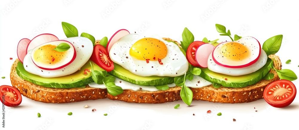 Colorful open-faced breakfast sandwich featuring sliced avocado, sunny-side-up eggs, radishes, and cherry tomatoes on rustic brown bread with herbs. Colorful open-faced breakfast sandwich featuring sliced avocado, sunny-side-up eggs, radishes, and cherry tomatoes on rustic brown bread with herbs.