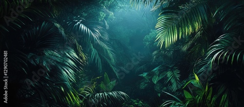 Dense tropical jungle with dark green foliage, shafts of light illuminating misty paths, creating a mysterious, enchanting atmosphere.