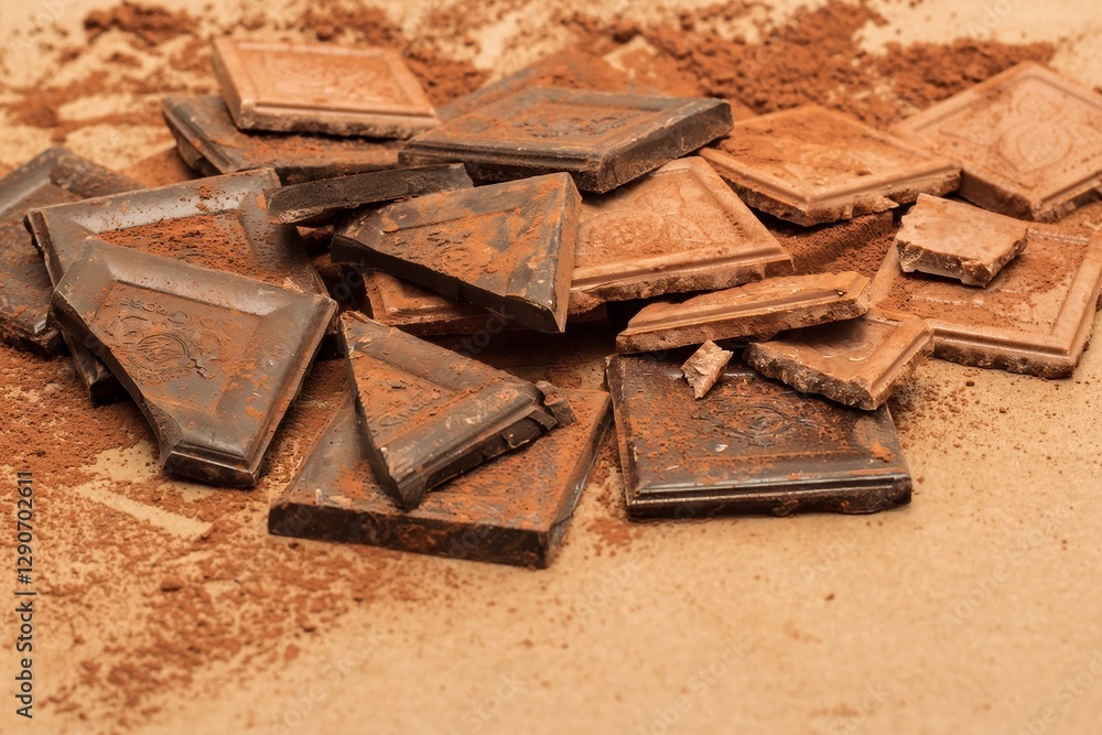 Pile of Dark Chocolate Pieces on a Sandy Surface Pile of Dark Chocolate Pieces on a Sandy Surface