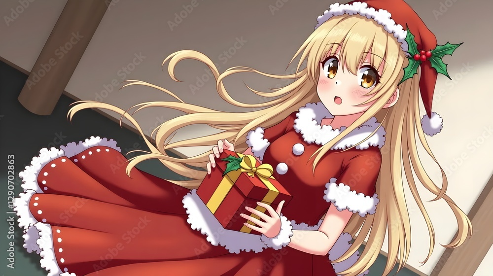 Christmas girl in red dress with holly leaves and gift box Christmas girl in red dress with holly leaves and gift box