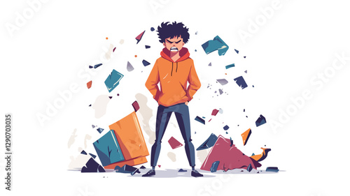 A digital illustration depicts a cartoon-style young adult with dark curly hair wearing an orange hoodie and dark pants.  The character has an angry expression and stands with hands on hips