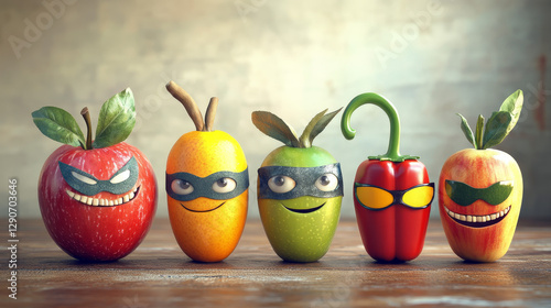 Superhero fruits vector fruity cartoon character of super hero expression vegetables with funny apple banana or pepper in mask illustration. Fruitful vegetarian diet background