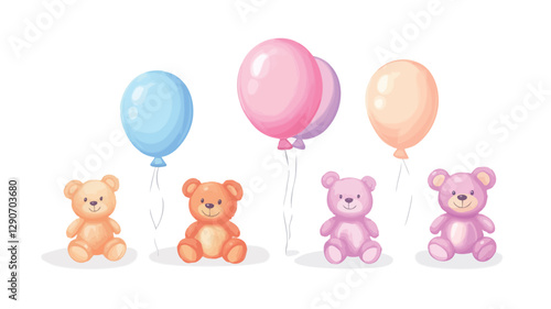 Digital watercolor illustration depicting four teddy bears of varying pastel colors (orange, pink) sitting on a white background.  Three pastel-colored balloons (pink, light peach, light