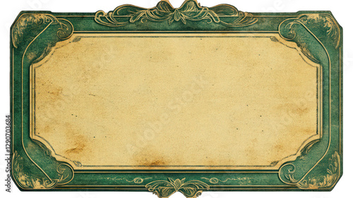 A vintage-style blank ticket with a decorative green border on textured paper. Perfect for invitations, labels, or themed event designs. Isolated on a transparent background. --ar 16:9