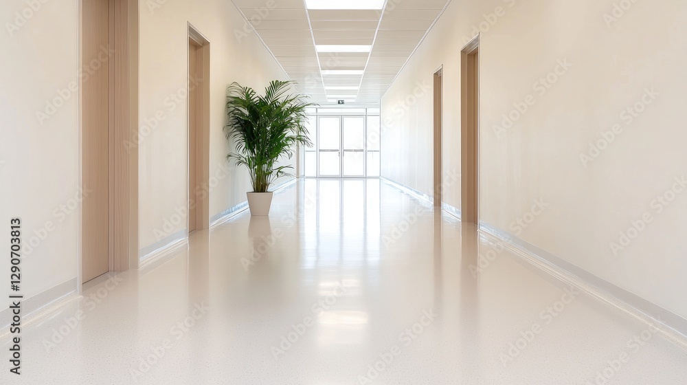 Fototapeta premium Empty hospital corridor with plant, bright interior. Possible use Stock photo