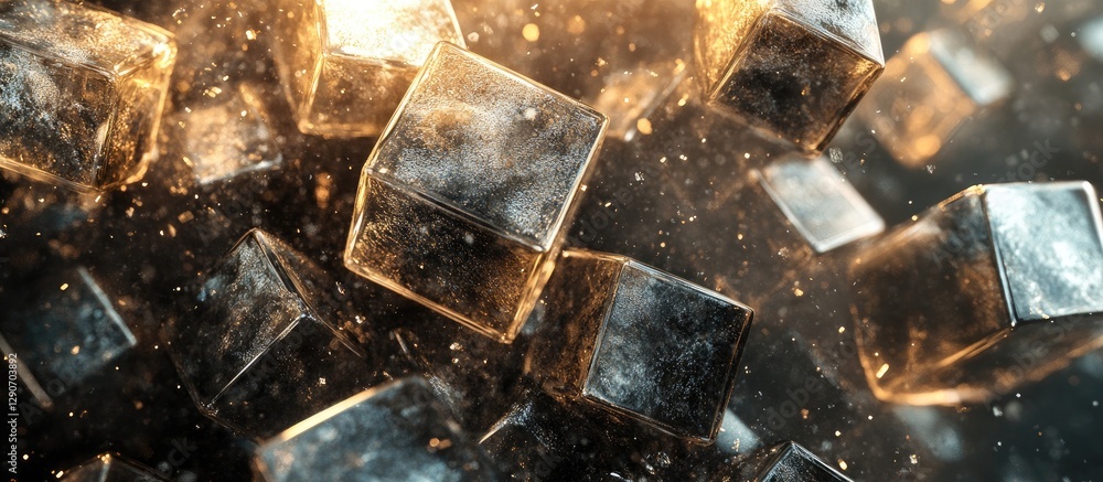 Metallic ice cubes floating in a warm glow with subtle reflections and texture details, creating a visually striking digital background atmosphere Metallic ice cubes floating in a warm glow with subtle reflections and texture details, creating a visually striking digital background atmosphere