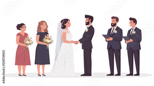 An illustration depicting a wedding ceremony.  The image features a bride and groom in the center, holding hands.  Two bridesmaids stand to their left, each holding a bouquet of flowers.