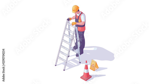 Isometric illustration of a construction worker wearing a hard hat and safety vest standing on a metal stepladder.  A traffic cone is visible on the ground near the base of the ladder. The