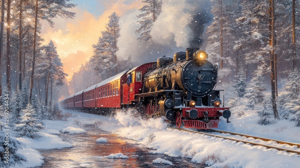 Winter Steam Train in Snowy Forest Winter Steam Train in Snowy Forest