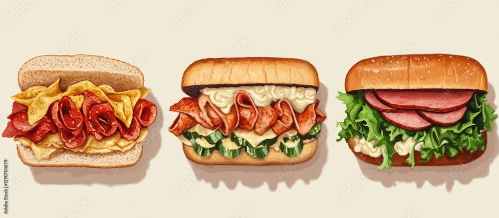 Three gourmet sandwiches arranged horizontally on a soft beige background. The left sandwich is filled with crispy bacon and cheese, the center features deli meats and greens, and the right showcases Three gourmet sandwiches arranged horizontally on a soft beige background. The left sandwich is filled with crispy bacon and cheese, the center features deli meats and greens, and the right showcases