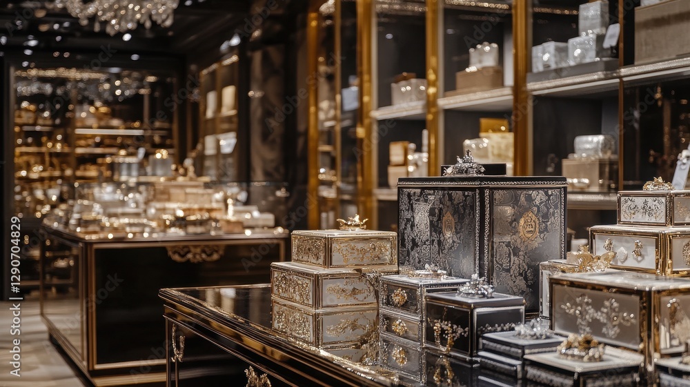 Exquisite luxury merchandise displayed in an elegant upscale retail boutique, showcasing opulence and style. Exquisite luxury merchandise displayed in an elegant upscale retail boutique, showcasing opulence and style.