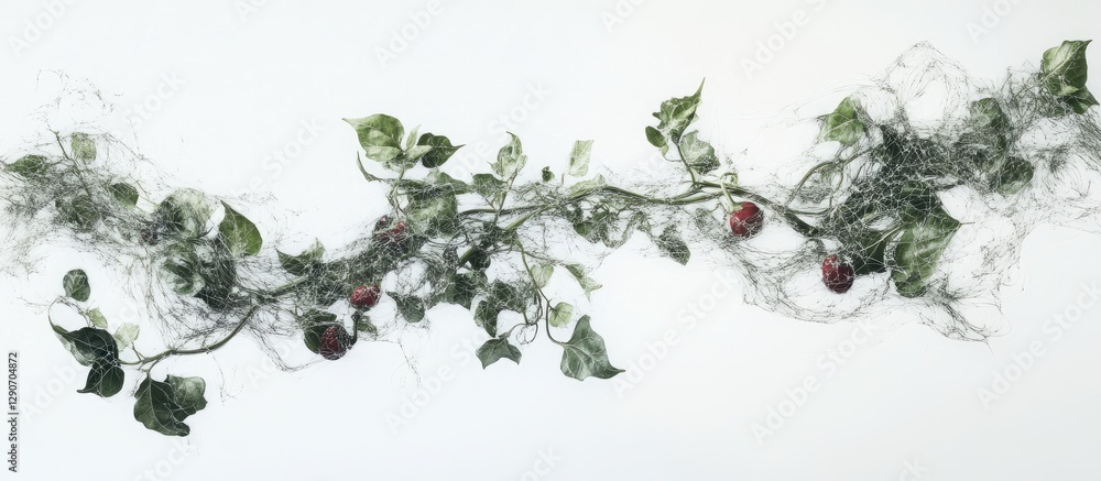 Naklejka premium Delicate green leaves intertwined with wispy white threads and small red berries, arranged horizontally against a soft white background.