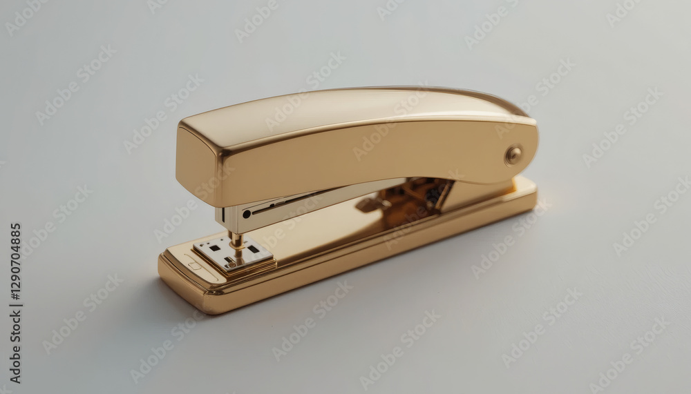 Classic gold stapler on clean white surface, highlighted by soft lighting, showcasing timeless business sophistication and elegant office design, perfect for a professional workspace. Classic gold stapler on clean white surface, highlighted by soft lighting, showcasing timeless business sophistication and elegant office design, perfect for a professional workspace.