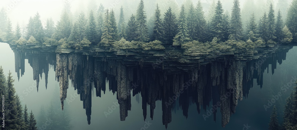 Fototapeta premium Surreal upside-down forest landscape featuring vertical trees, earthy tones, soft greens and blues with a mystical floating effect in the sky.