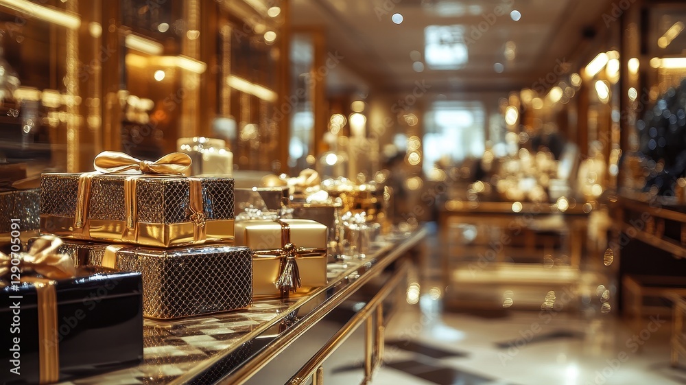 Exquisite luxury merchandise displayed in an elegant upscale retail boutique, showcasing opulence and style. Exquisite luxury merchandise displayed in an elegant upscale retail boutique, showcasing opulence and style.