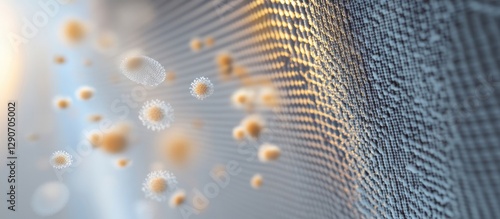 Close-up of an air filter fiber with floating pollen particles in soft blue and yellow tones, emphasizing allergy relief for home environments.