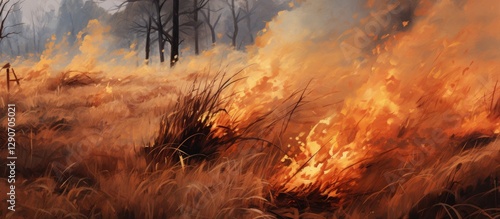 Fierce brushfire consuming dry grasses in autumn landscape smoke billowing through charred fields yellow and orange flames in foreground
