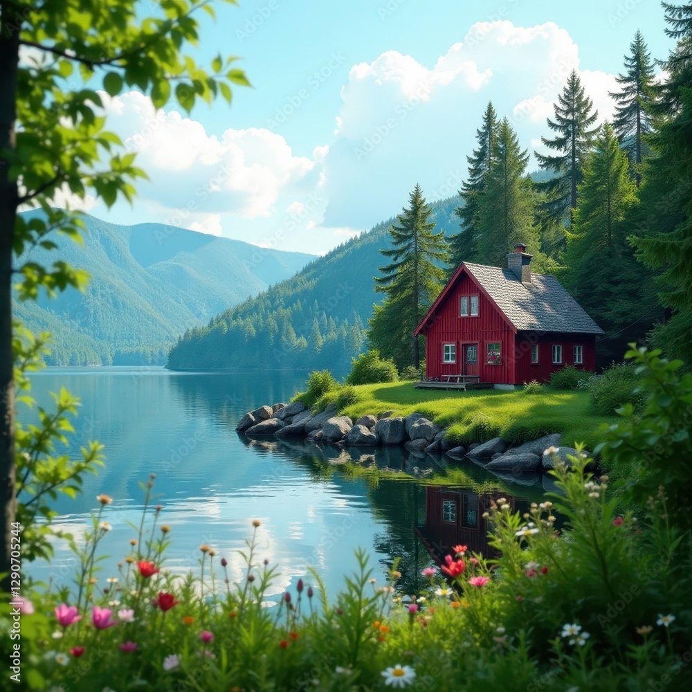 Fototapeta premium Red cottage on idyllic Finnish lake island Tranquil summer scene , escape, red, building