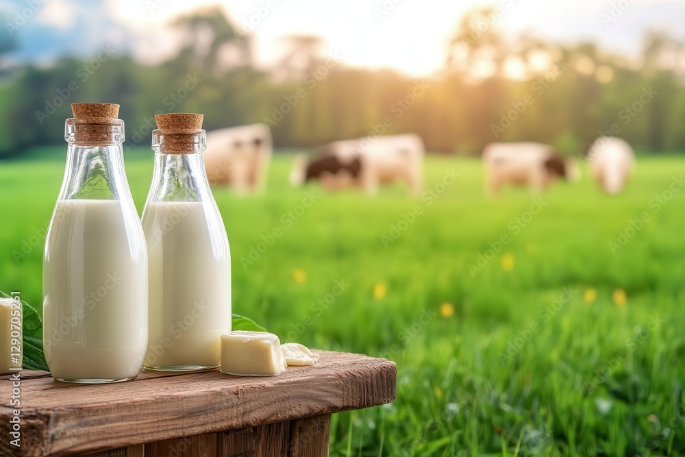 Organic milk from local farms ,support for local agriculture. Fresh milk bottles with cows grazing in a green pasture at sunset. Organic milk from local farms ,support for local agriculture. Fresh milk bottles with cows grazing in a green pasture at sunset.