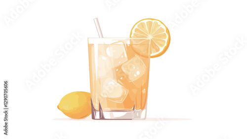 A digital illustration of a tall glass filled with ice and a pale yellow liquid, possibly lemonade. A lemon slice is garnished on the rim of the glass, and a straw is inserted. A whole