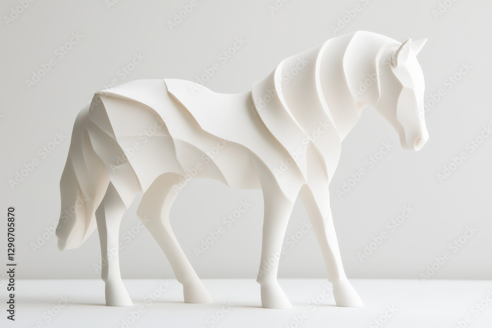 Obraz premium A modern, abstract paper sculpture of a white horse on a minimalistic background.