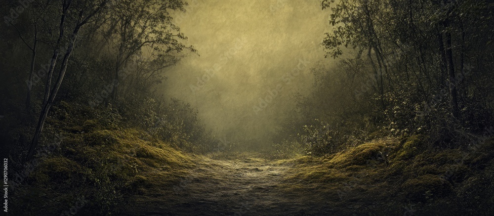 Fototapeta premium Misty forest landscape with deep green textures and soft golden light creating a dark vignette effect enhancing depth and contrast throughout the scene