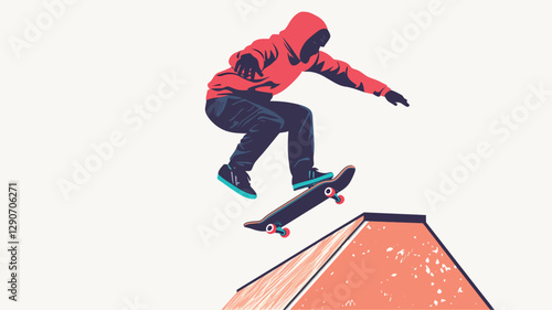 The image is a vector illustration depicting a skateboarder in mid-air performing an ollie over a simple, low ramp. The style is minimalist and graphic, utilizing bold colors (primarily