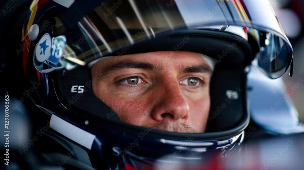 Portrait of a race car driver with a raised visor in his formula car looking at the camera Portrait of a race car driver with a raised visor in his formula car looking at the camera