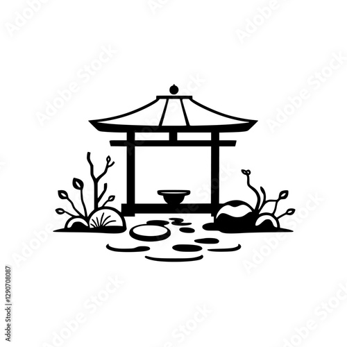 Serene Tea House: Black ink minimalist image of a traditional Japanese tea house, with plants, rocks and lily pads on a white background.