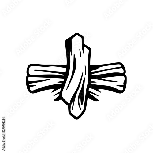 Abstract wooden cross made from dark wood, isolated against white background. A minimalist vector of a primitive cross.