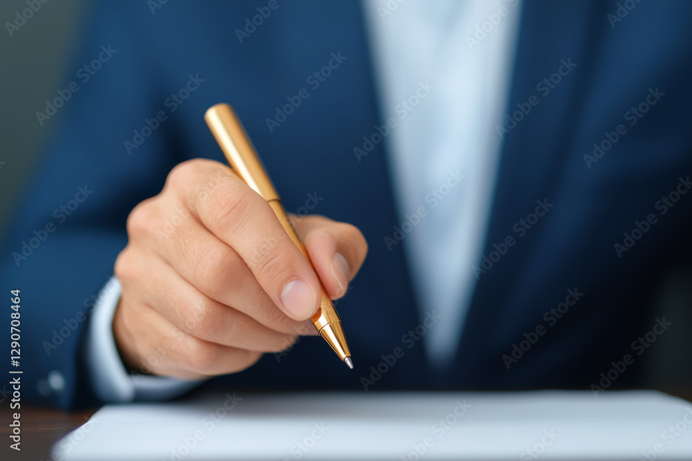 A professional hand holding a pen poised to write on a blank sheet of paper. A professional hand holding a pen poised to write on a blank sheet of paper.
