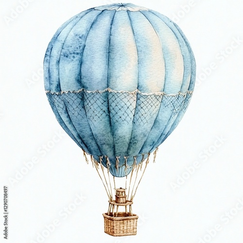 Whimsical blue hot air balloon with floral designs floating in a clear sky