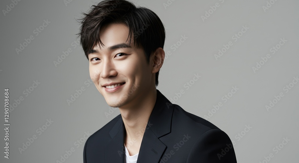 Professional Portrait of a Smiling Young Man in a Suit on Grey Background Professional Portrait of a Smiling Young Man in a Suit on Grey Background