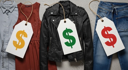Stylish Clothing Collection with Price Tags, Featuring Trendy Dress, Jacket, and Jeans for Fashion Retail and Lifestyle Brands