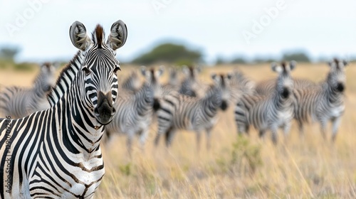 Majestic Zebras on African Savanna  Wildlife Herd in Golden Grassland
