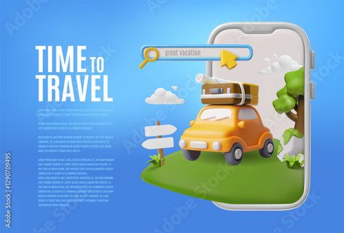 Time to travel 3D cartoon vector landing page design, great vacation summer travel by car online service with search bar