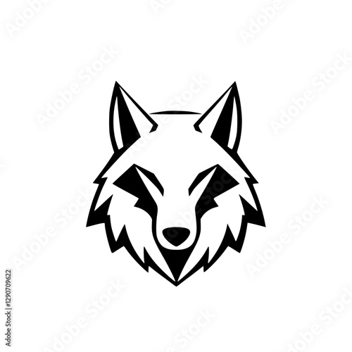 Minimalist Black and White Wolf Head Illustration with Sharp Angles, Bold Lines, & Focused Eyes.