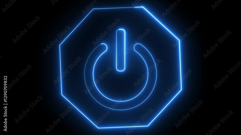 power button icon animation neon glowing blue color screen turn on off ...