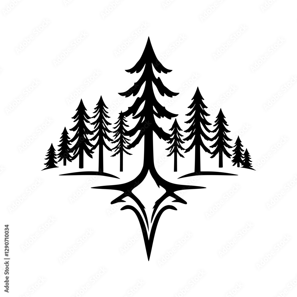 Obraz premium Black and white illustration of stylized coniferous trees forming a symmetrical design.